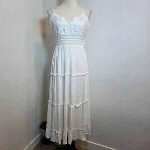 Boho White Textured Cutout Tie Back Spaghetti Straps Maxi Dress Size L
